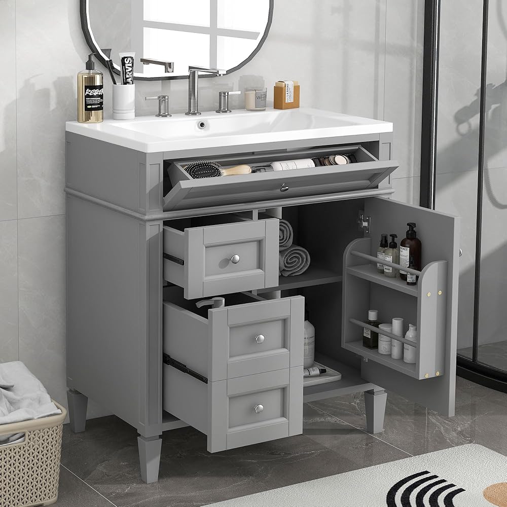 30inch Bathroom Vanity with Top Sink,Single Sink Bathroom Vanity with 2 Drawers and a Tip-Out Drawer,for Bathrooms with Small Spaces(Grey)