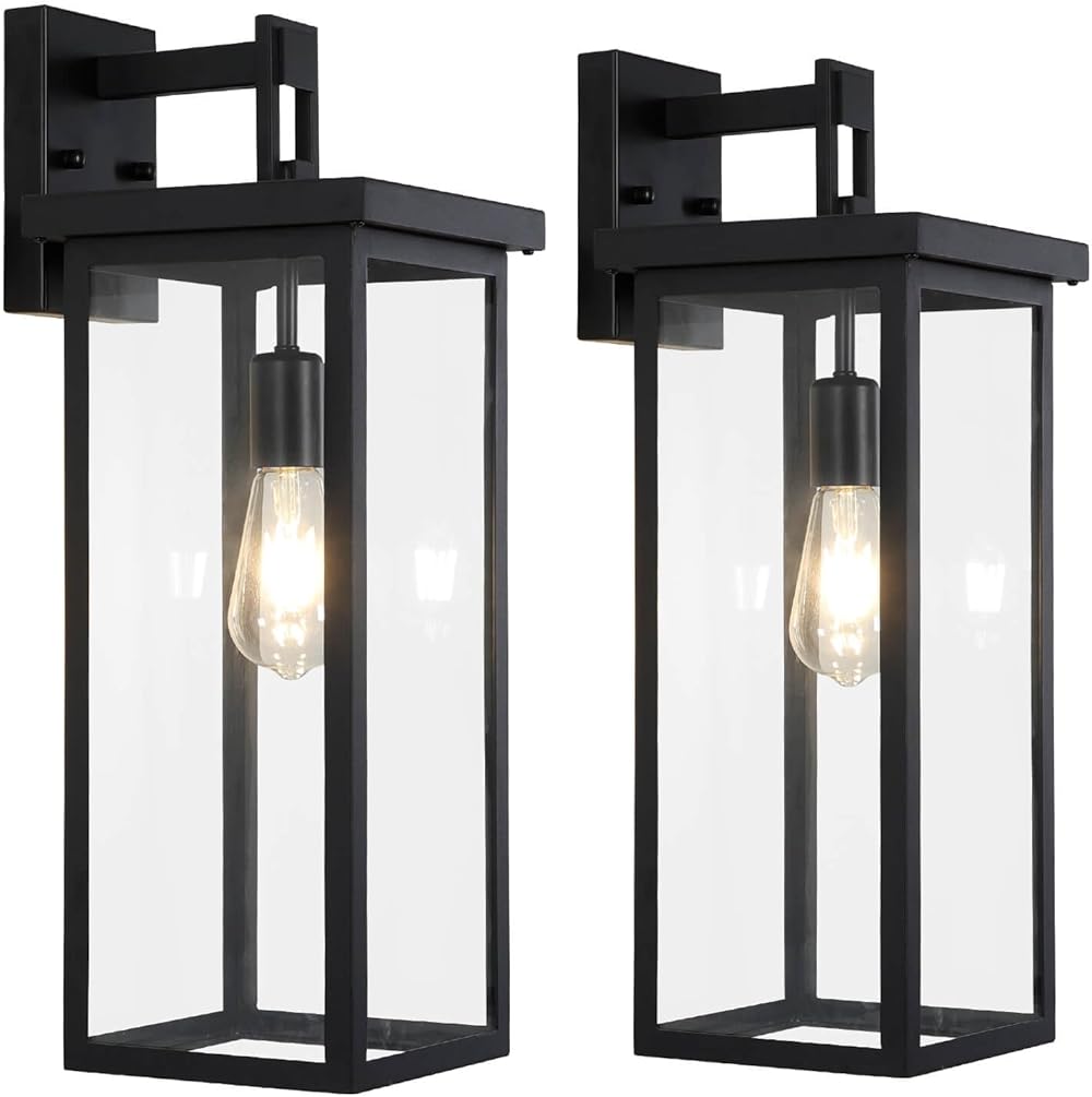 tewei 2 Pack Large Size Outdoor Wall Lantern Exterior Wall Light Fixture, 22IN Matte Black Porch Light Waterproof Outdoor Lights for House with Clear Glass Shade, E26 Base Wall Sconces for Garage