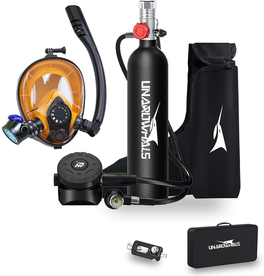 Mini Scuba Tank with Mask, 10-20 Minutes Diving Lung Tanks, DOT-Certified Scuba Diving Tank, Portable Dive Portable Lungs, 1L(7 Cu Ft) Capacity, 3000 Psi Max Pressure, Aluminum Tank, Within 30 Ft