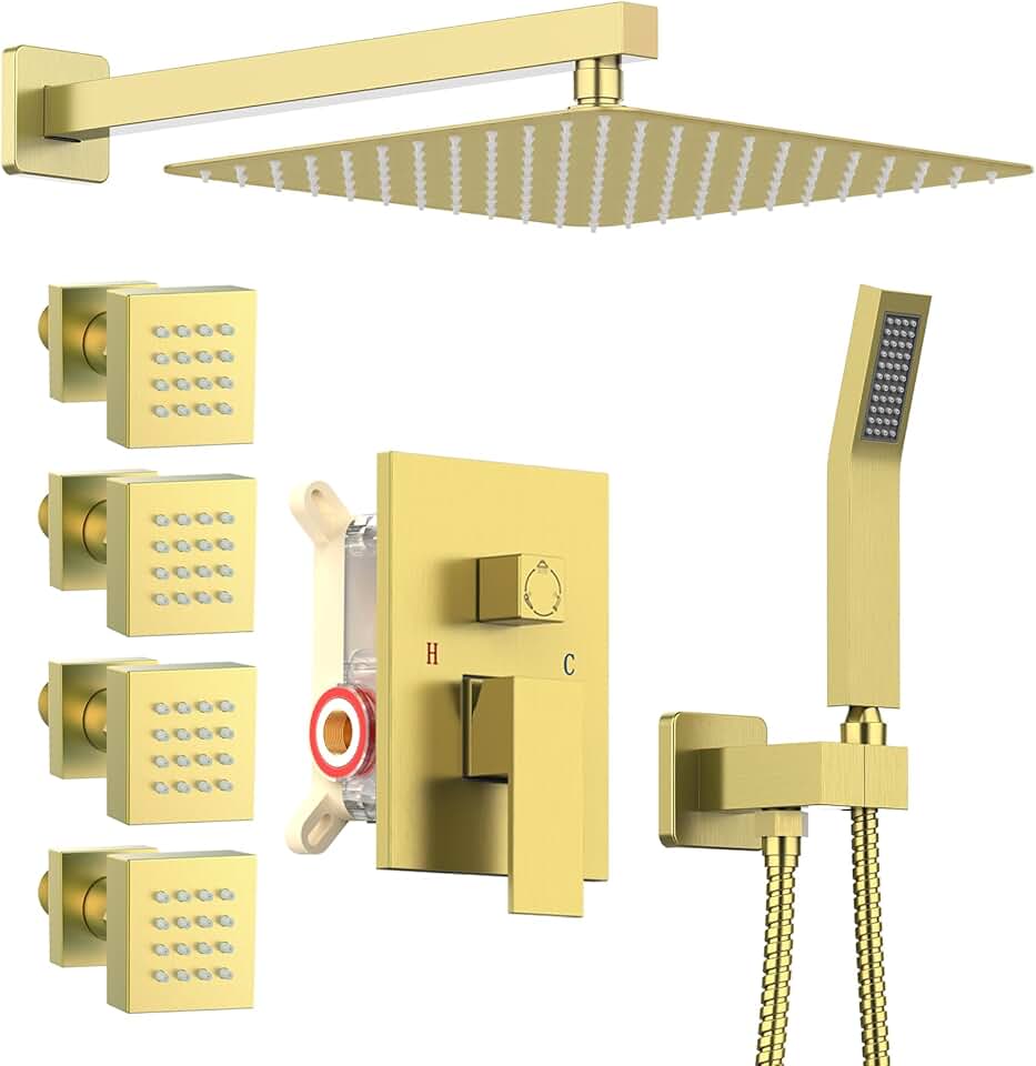 Rain Shower System with Body Jets, 12 Inch Powerful Full Body Shower System with Rainfall Shower and Handheld Spray, Rough-in Mixer Valve Concealed Shower Faucet Set Complete, Brushed Gold