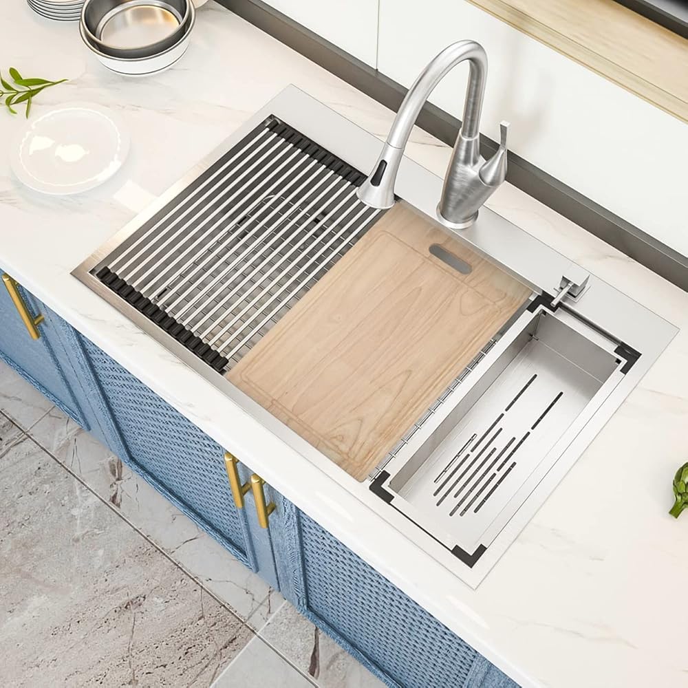 33 Drop in Kitchen Sink - GhomeG 33x22 inch 16 Gauge Stainless Steel Workstation Topmount Kitchen Sinks Single Bowl Drop In Kitchen Sinks Basin With R10 Round Corners