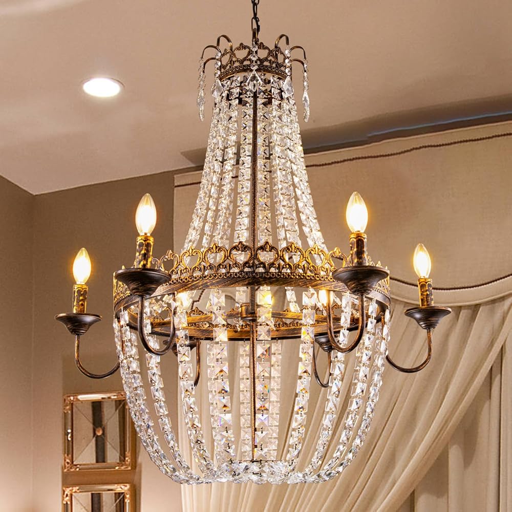 Wellmet French Empire Crystal Chandelier, 6-Light Farmhouse Antique Bronze Chandelier, Hanging Ceiling Mount Light Fixture for Dining Living Room, Bedroom, Bathroom, Kitchen Island, Hallway, 31.5
