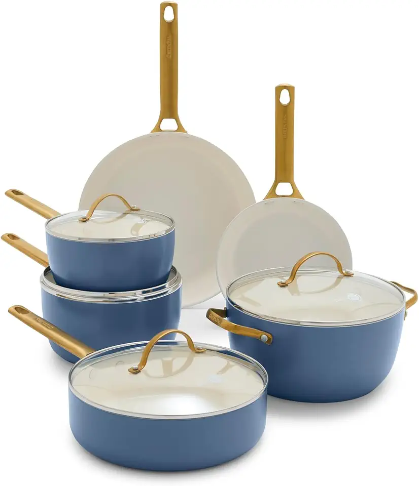 GreenPan Reserve Hard Anodized Healthy Ceramic Nonstick 10 Piece Cookware Pots and Pans Set, Gold-Tone Stainless Steel Handles, PFAS & PFOA-Free, Dishwasher Safe, Oven & Broiler Safe, Ocean Blue
