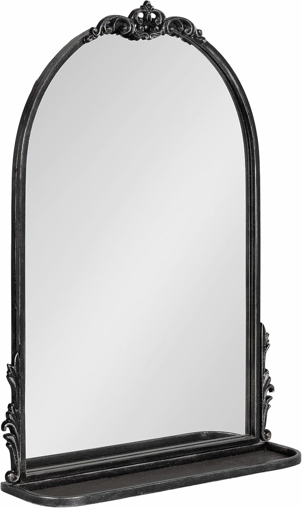 Kate and Laurel Myrcelle Traditional Arched Mirror with Shelf, 21 x 28, Antique Black, Vintage Arch Shelf Mirror with Ornate Garland Detailing along The Crown and Edges of The Frame