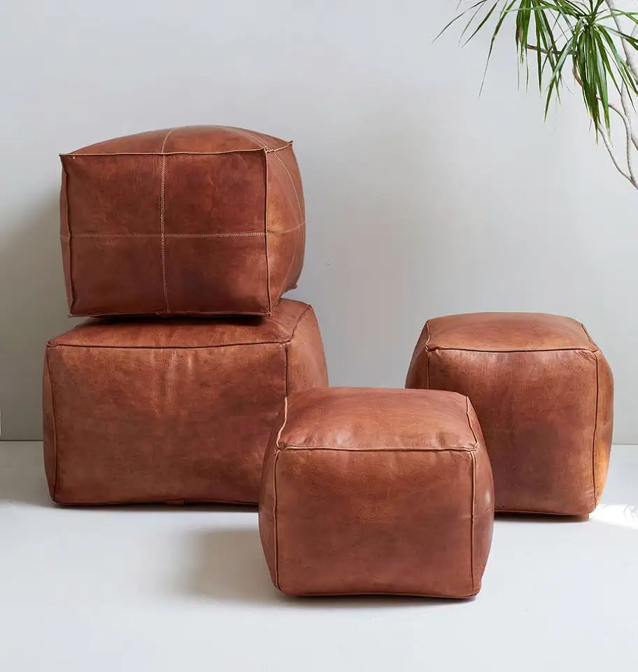 Handcrafted Ottoman Leather Pouf, Handmade Square Leather Pouf,Brown Ottoman Coffe Table, Hassock Leather Footstool Ottoman, Unstaffed Leather Pouf (20