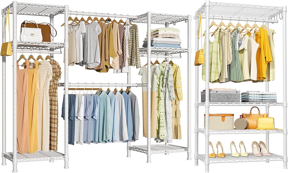 Ulif E7 and Portable Garment Rack White Bundle, Clothes Rack, and Closet Storage System with Shelves and Expandable Hanger Rods, Freestanding Clothing Rack