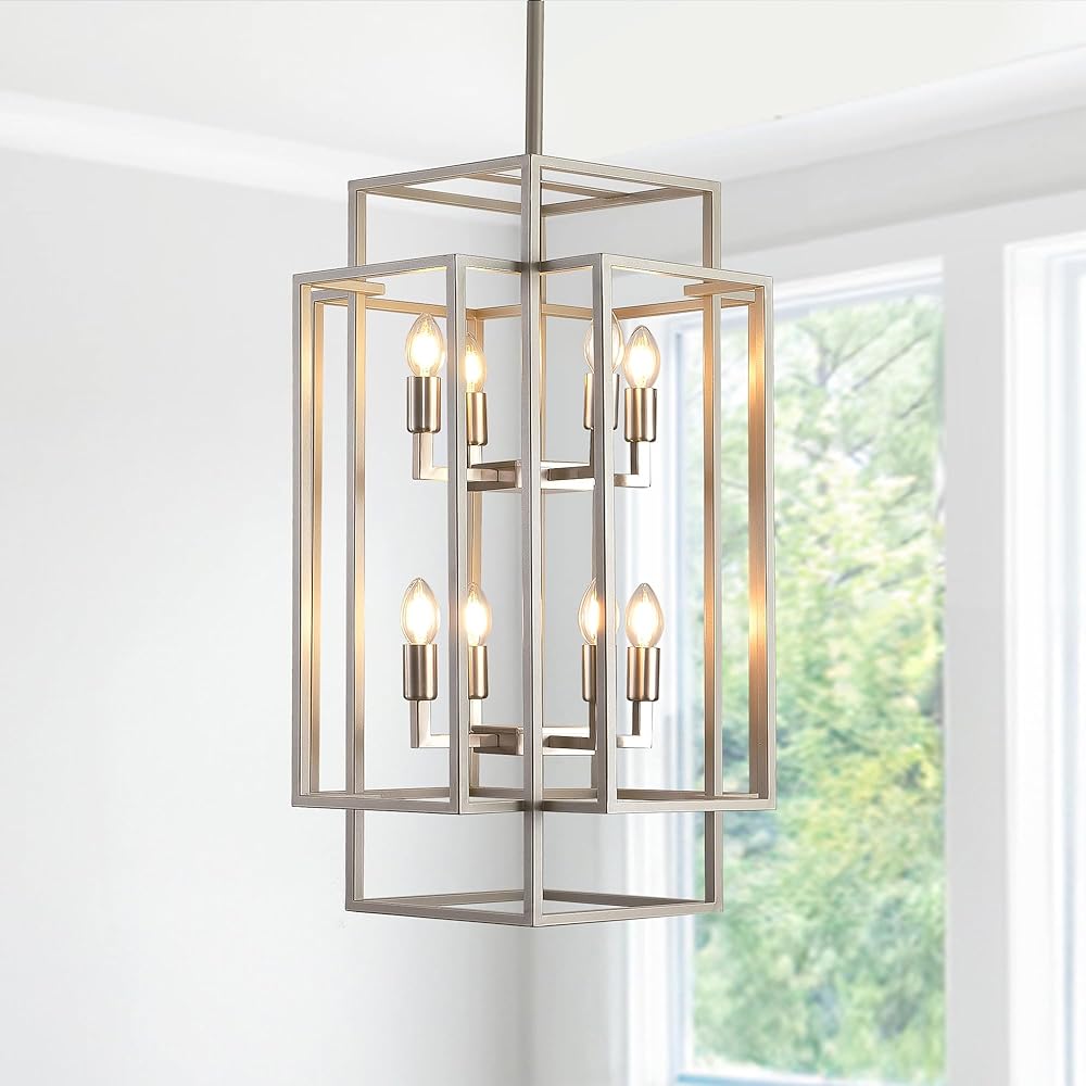 Sliver Foyer Chandelier High Ceiling: Modern 8-Light Farmhouse Lantern Chandeliers for Entryway Industrial Large Pendant Light Fixtures for Entry Staircase Hallway Dining Room Kitchen Island