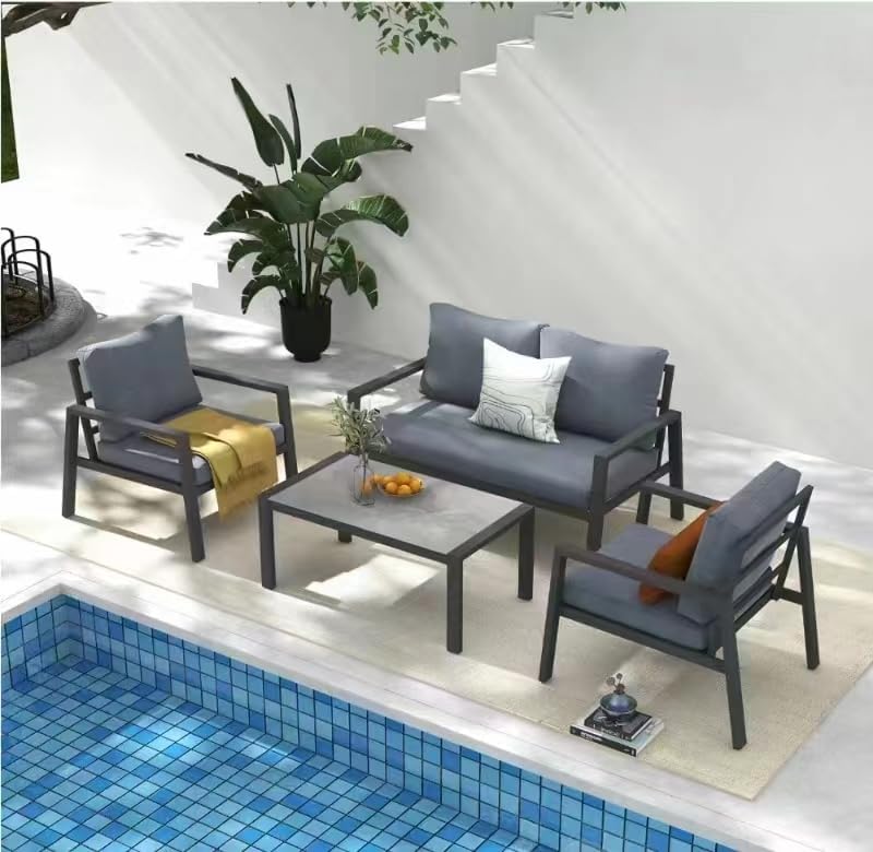 4-Piece Aluminum Outdoor Patio Conversation Set,All-Weather Sectional Sofa Outside Furniture with Removable Cushions and Tempered Glass Coffee Table for Courtyard,Poolside,Deck,Balcony(Grey)