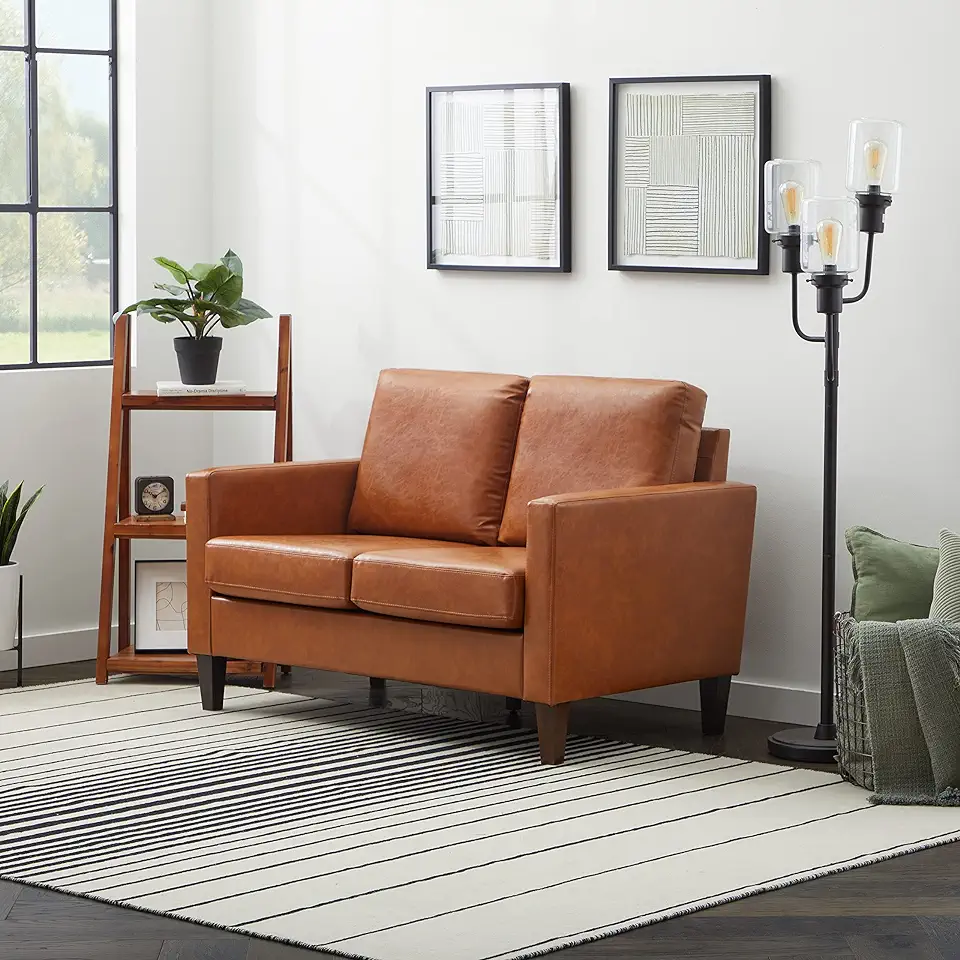 Edenbrook Archer Upholstered Loveseat - Camel Faux Leather Loveseat - Living Room Furniture - Small Loveseat - Mid Century Modern Loveseat - Seats Two