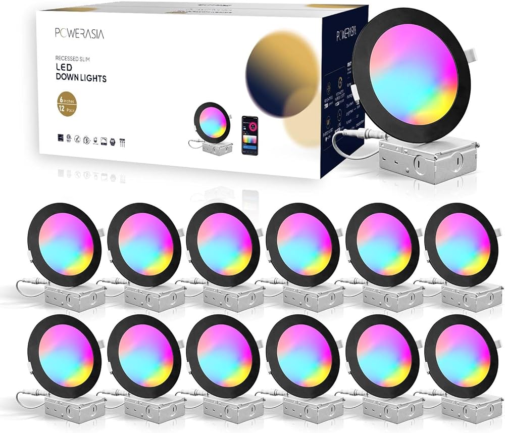 12 Pack Black Smart Recessed Lighting 6 Inch, Ultra-Thin 6 Inch LED Recessed Lights12W 1200LM Smart Downlight with Junction Box, Compatible with Alexa/Google Assistant and Siri - UL and Energy Star