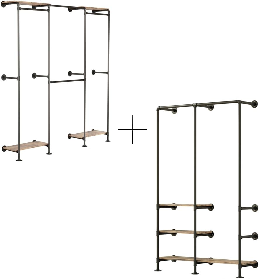 Industrial Pipe Clothing Rack, Clothes Rack for Hanging Clothes, Heavy Duty Garment Rack Closet Wardrobe Rack with Shelves, Walk-in Closet System, Black