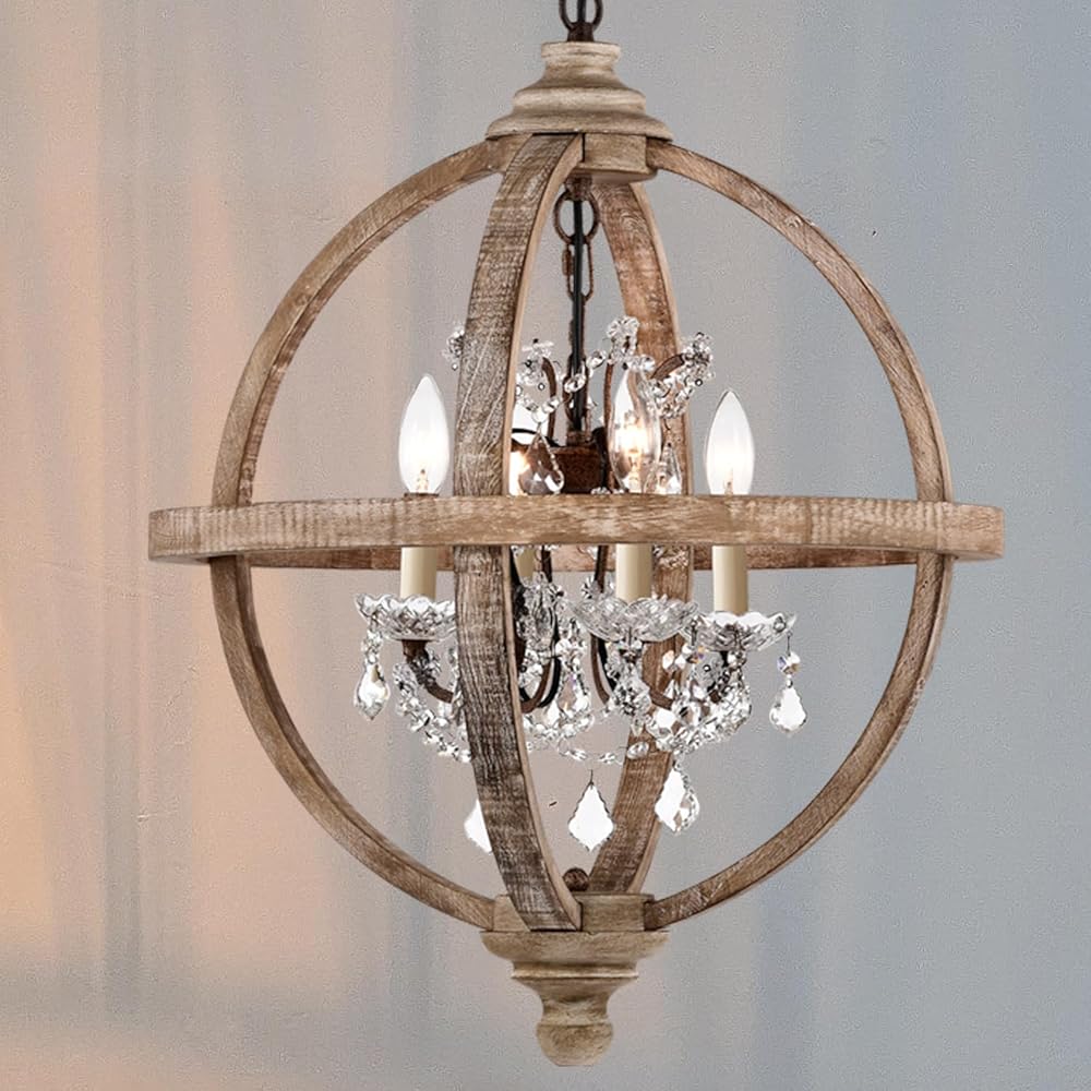 4-Lights metal and wood orb chandelier,Rustic Globe Chandelier Style with Clear Crystals,Vintage Wooden Kitchen Light Fixture Ceiling for Dining Room Bedroom Foyer (20'')