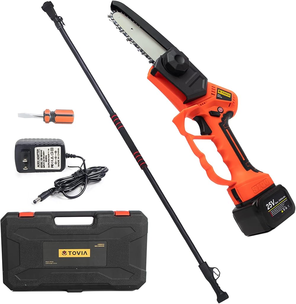 Cordless Mini Chainsaw with 10FT Telescopic Extension Pole, T TOVIA 5'' Handheld Electric Chain Saw w/ 25V 2.0Ah Lithium Battery and Charger for Wood Cutting, Farming, Gardening, Tree Branch Trimming