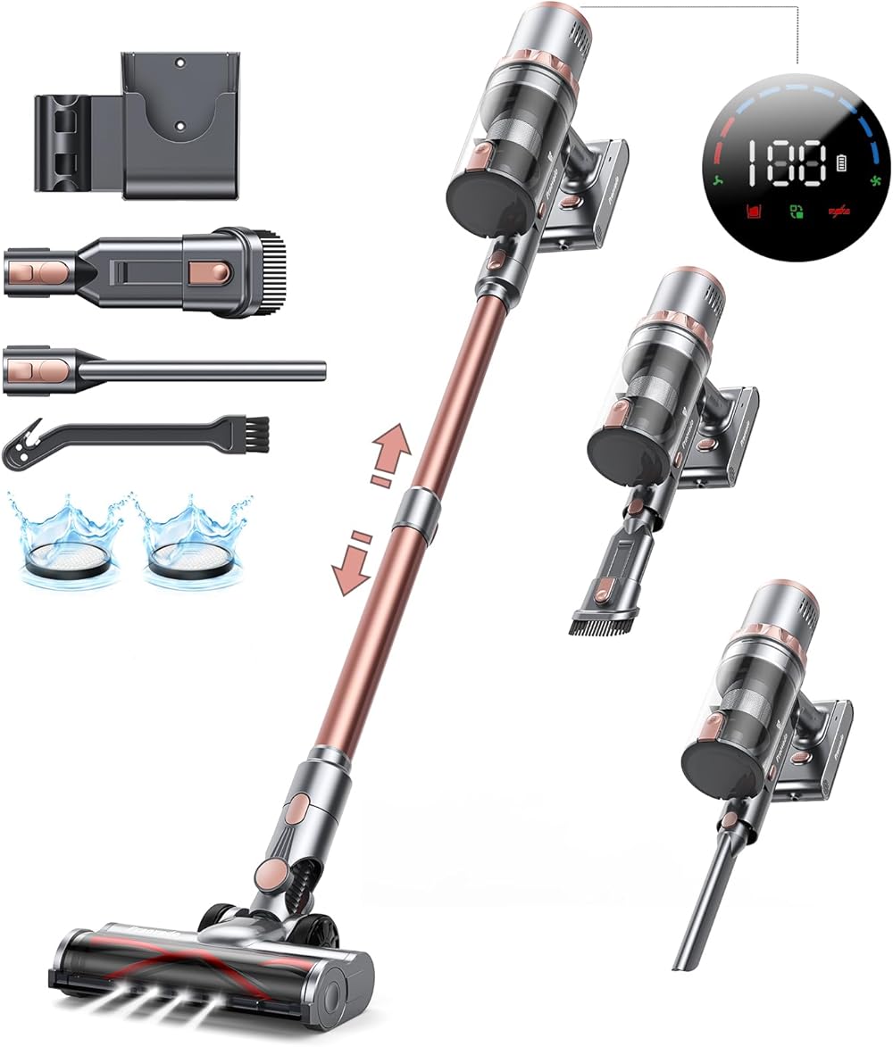 Cordless Vacuum Cleaner, 500W Powerful Suction Stick Vacuums with LED Touch Display, Lightweight Handheld Vacuums with 60mins Runtime for Pet Hair, Home, Car