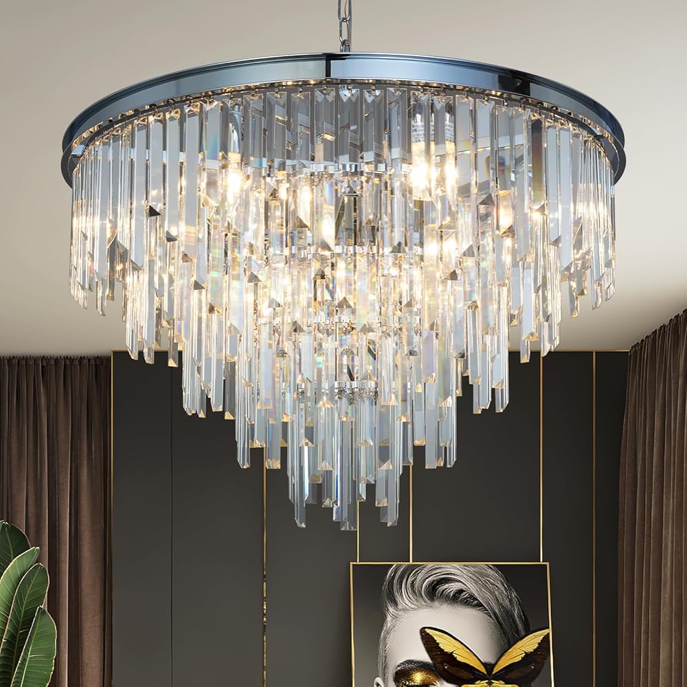 Chrome Top K9 Crystal Chandelier Modern Lighting Fixture, 16 Lights Round K9 Crystal Adjustable Hanging Lamp for Dining Room Bedroom Living Room,Hallway,Bar,Kitchen W31''