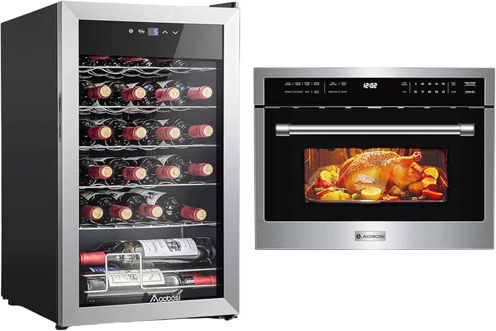 AAOBOSI 24 Inch Microwave Convection Oven,1.6 Cu.Ft 10 Cooking Modes Microwave Drawer Oven, Wine Fridge, 24 Bottle Wine Cooler 46-66℉ Beverage Wine Refrigerator, Glass Door Free Standing Wine Celler