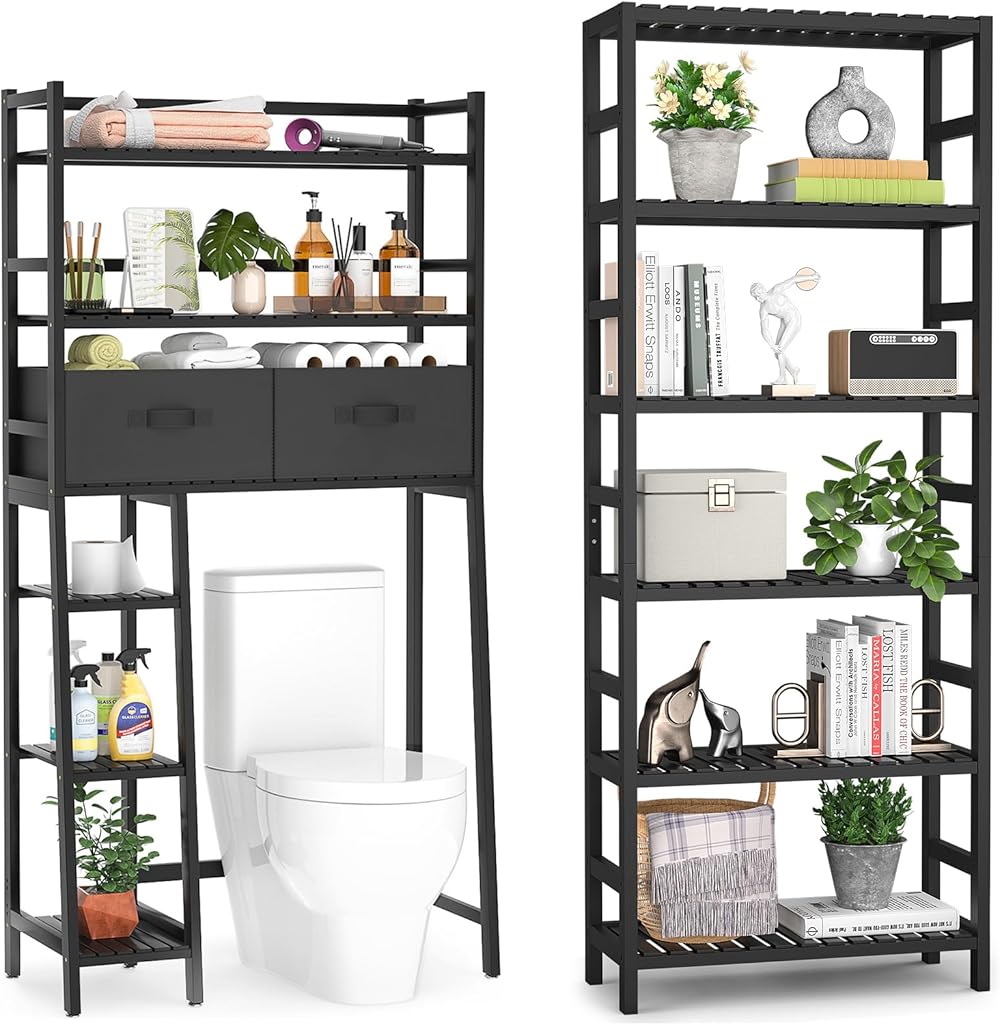 Homykic Bamboo Over The Toilet Storage with Drawers and 6-Tier Bookshelf Bundle, Black