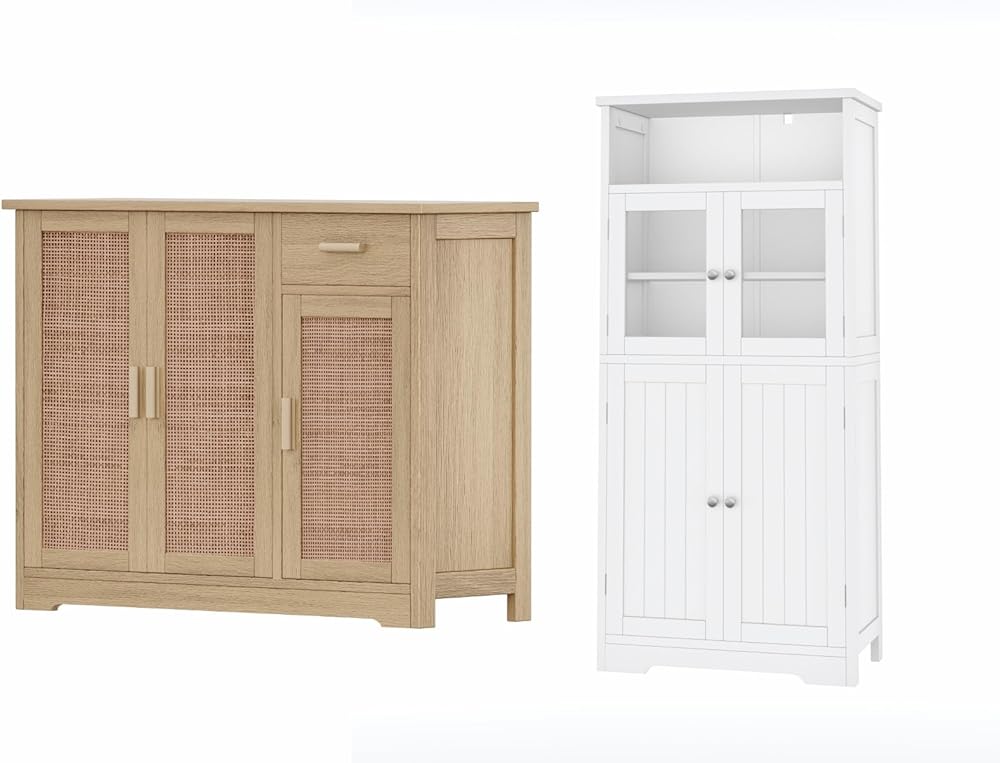 Irontar Sideboard Buffet Cabinet with Rattan Decorated Doors, Farmhouse Console Table with Drawer, Bathroom Cabinet with Open Storage, Kitchen Pantry Cabinet with Doors