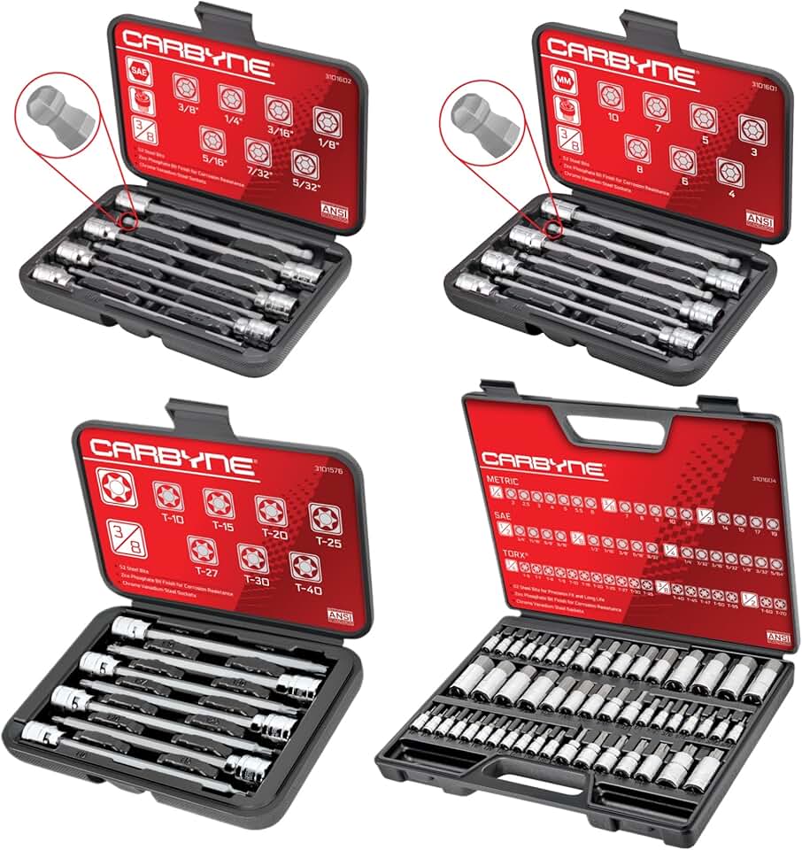 CARBYNE 50 Piece Master Torx, SAE & Metric Hex Bit Socket Set, AND 7 Piece Extra Long Hex Bit Socket Set - Metric, AND 7 Piece Extra Long Hex Bit Socket Set - SAE, AND 7 Piece Extra Long Torx Bit Sock