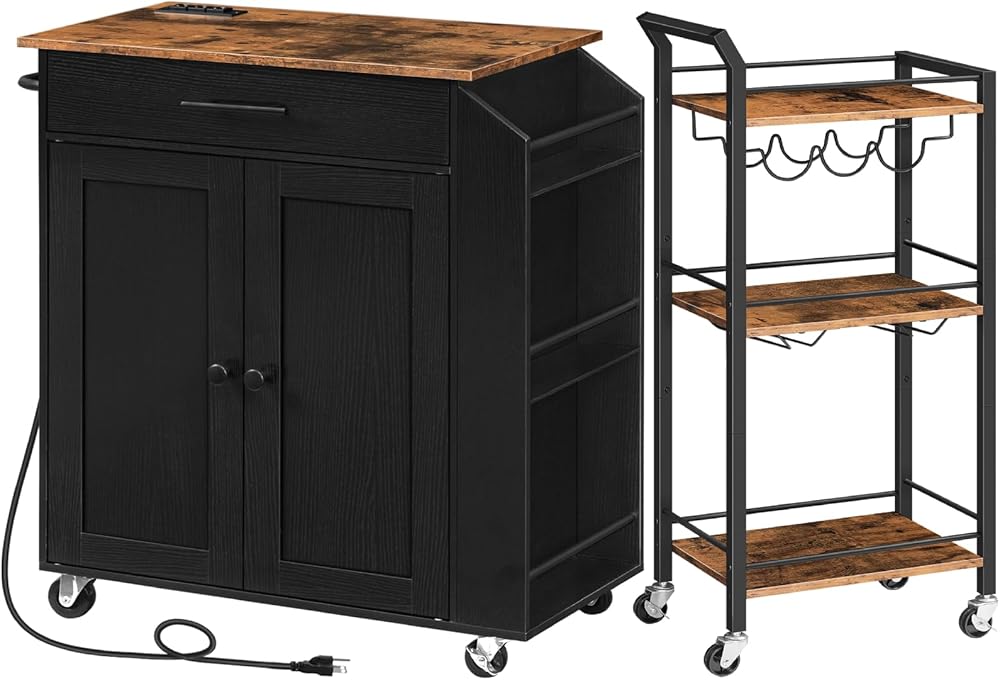 HOOBRO Kitchen Island with Power Outlet and Bar Cart for The Home, Kitchen Storage Island, 3-Tier Kitchen Cart with Wine Rack for Bar, Kitchen, Living Room BF82UZD01G1-BF38TC01