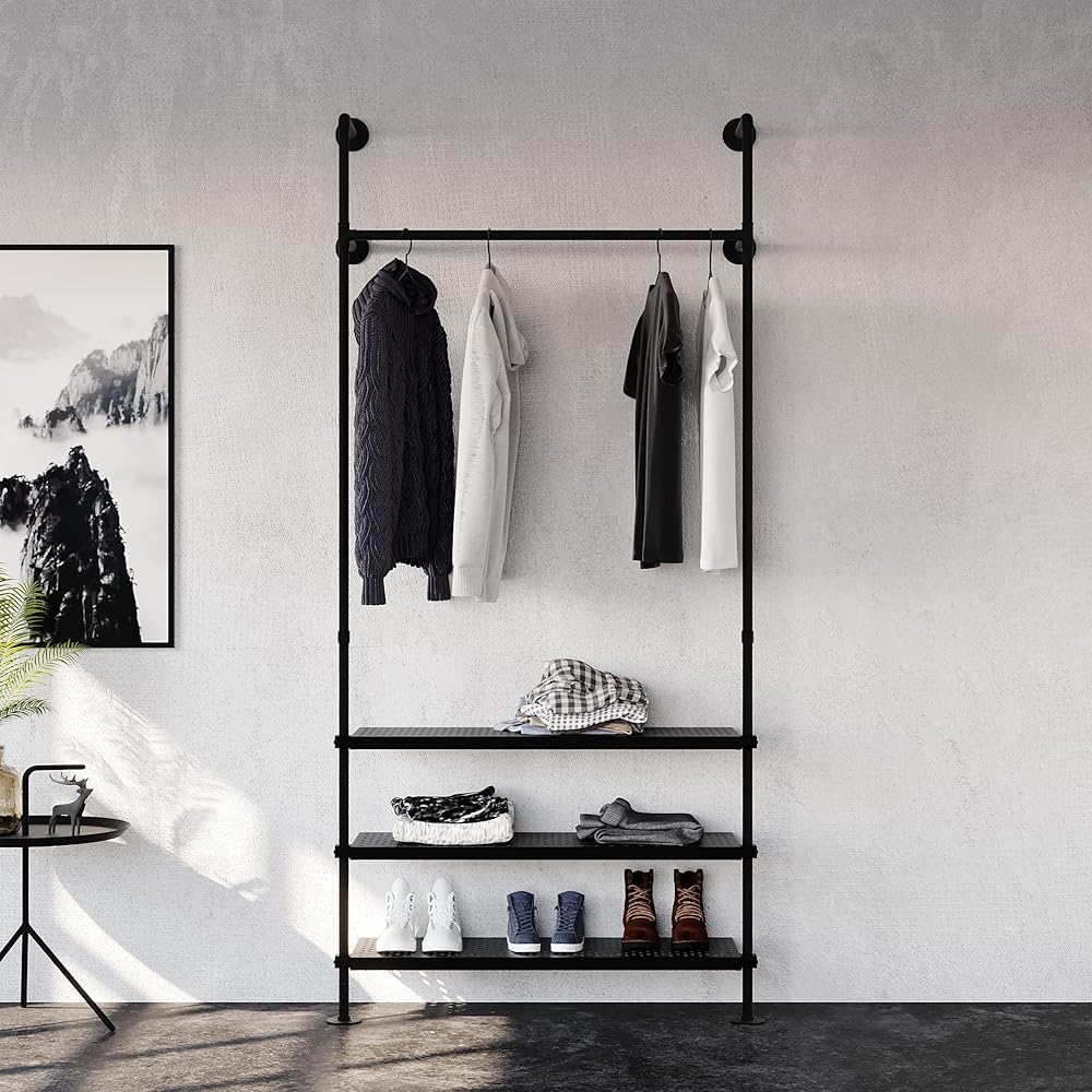 pamo industrial pipe clothing rack - ALVA - clothes rack for wardrobe, bedroom and as walk-in closet system. Sturdy clothing racks for hanging clothes I wall mounted heavy duty clothes rack