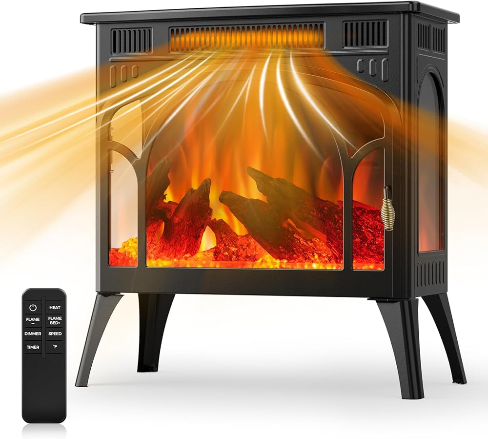 COWSAR Realistic Flame Electric Fireplace Stove, 500/1500W Freestanding Fireplace Heater with Remote Control and Timer, Adjustable Fireplace Stove Flame Color and Speed, Log Set & Crystal Options