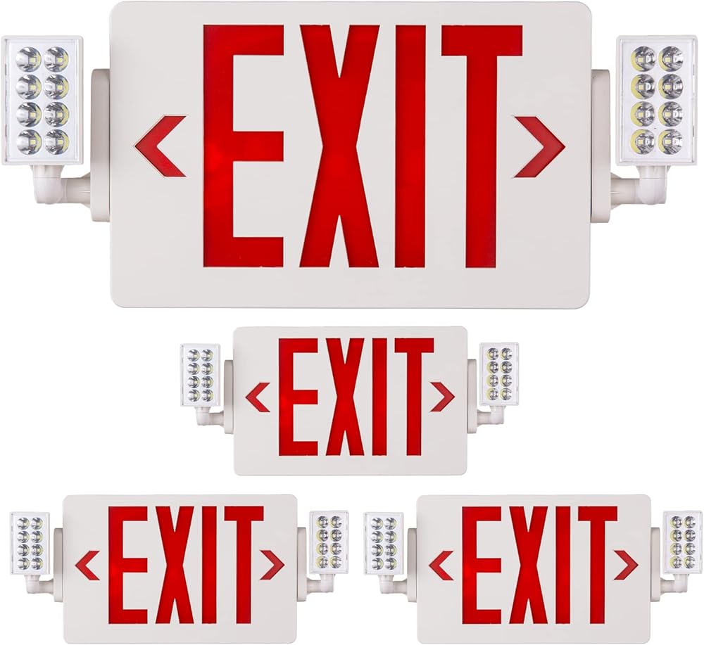 4 Packs Red Exit Sign-120-277V Double Face UL Listed-LED Combo Emergency Light with Adjustable Two Head and Backup Battery-Exit Sign for Business.