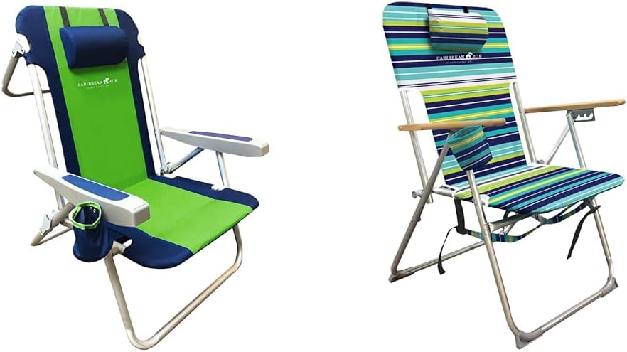 CARIBBEAN JOE 5 & 4 Position Folding Beach Chairs Bundle with Headrests, Cup Holders, Armrests, and Backpack Straps