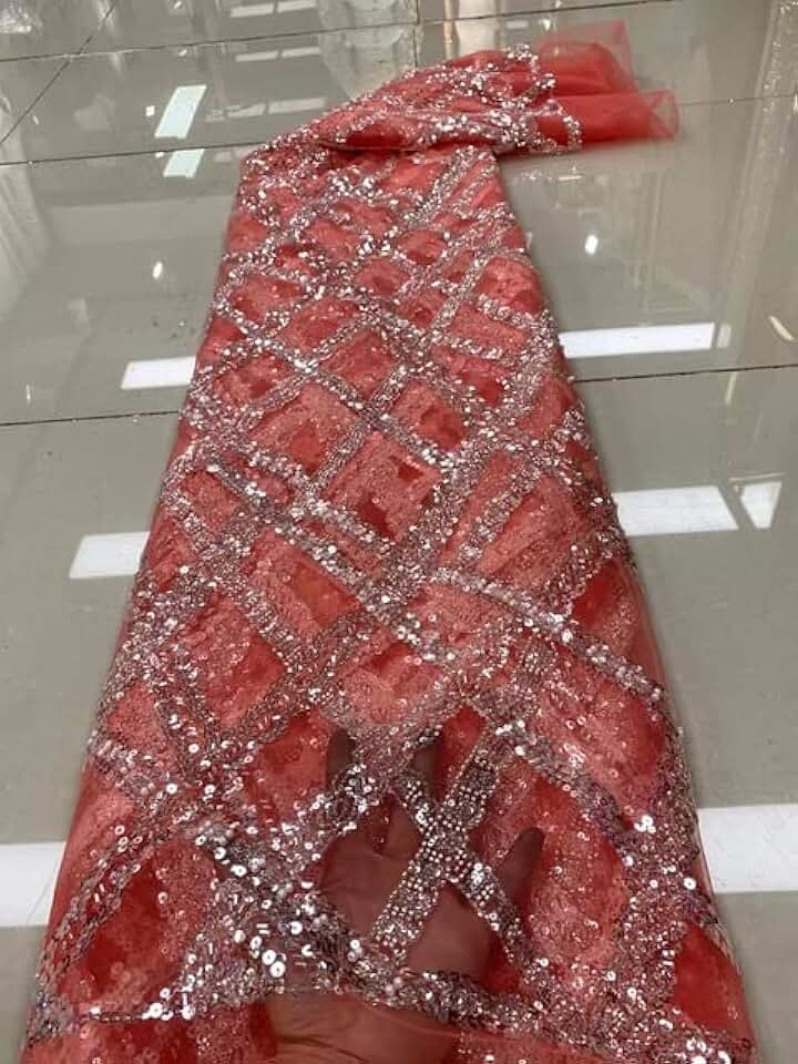 MARHAFABRIC 5 Yards Nigerian Handmade Beaded Tulle Lace Fabric French Luxury Sequins Embroidery African Lace for Party Dress Sewing Lace Fabric for Bridal Wedding Prom Evening Dress