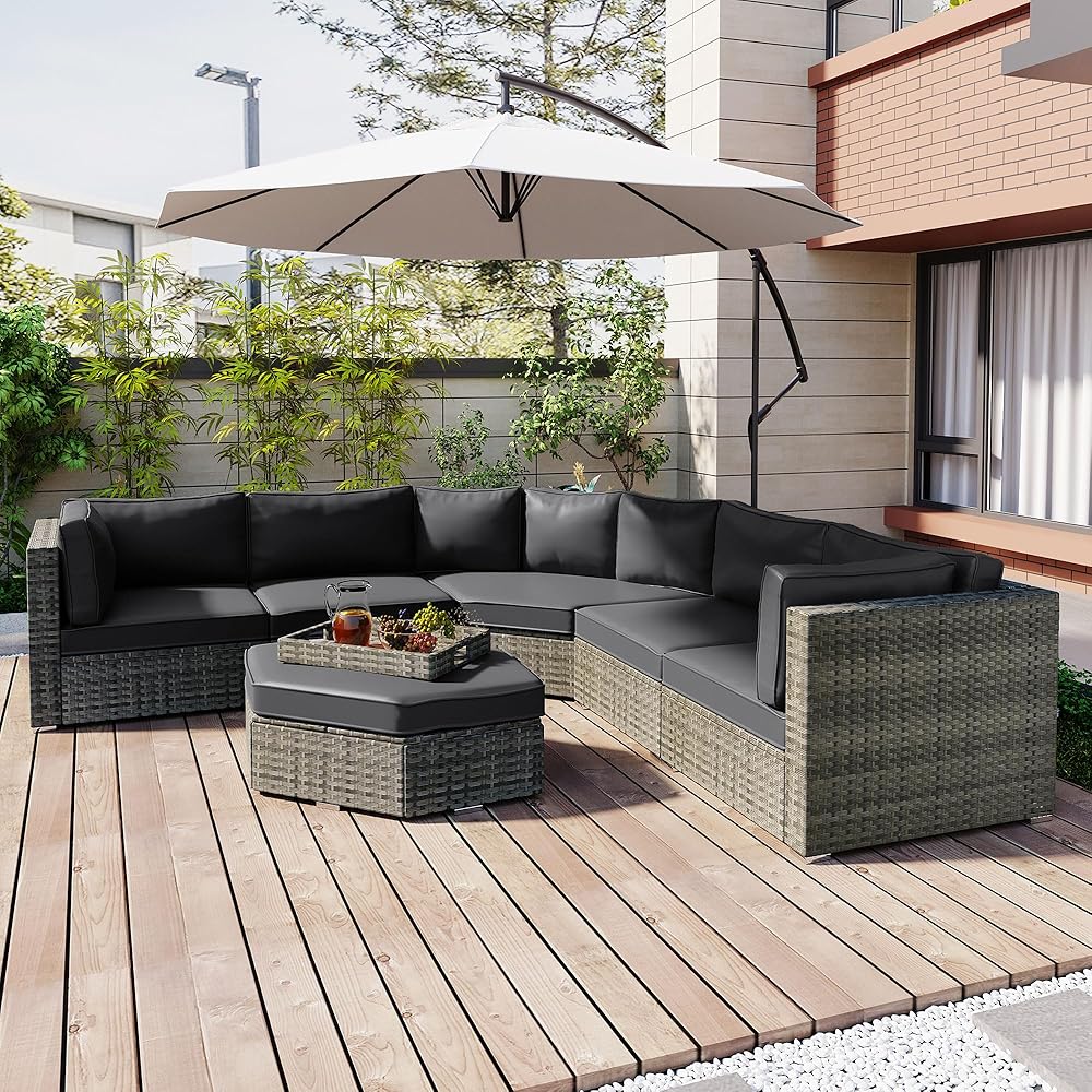 GOWE U-Style Patio Furniture Set, 6 Piece Outdoor Conversation Set All Weather Wicker Sectional Sofa with Ottoman and Cushions and Small Trays
