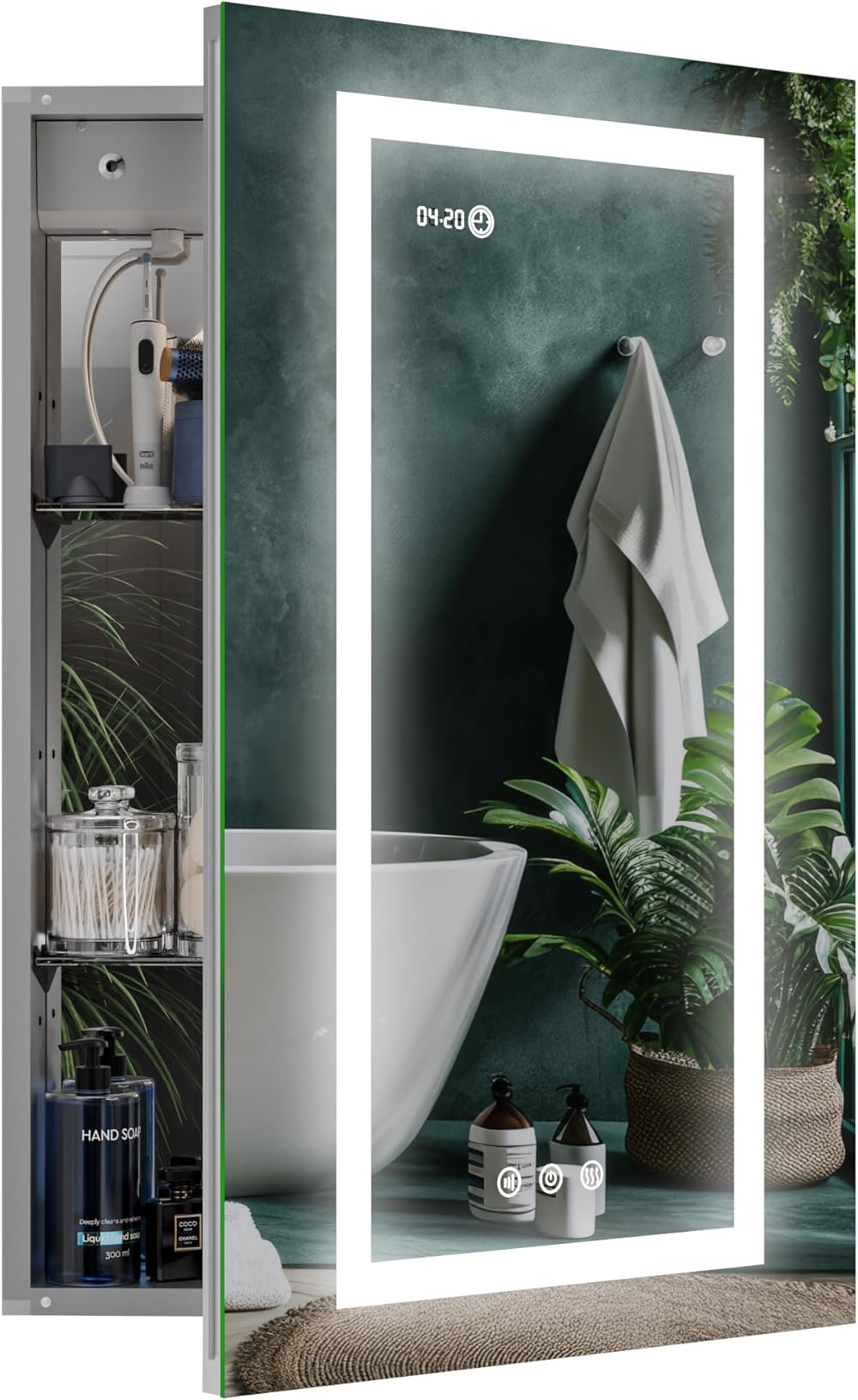 LED Lighted Medicine Cabinet Front & Backlit Dimmable Colours, Clock & Temp, USB Outlets, Remote Switch, Bathroom Defog Mirror Medicine Cabinet with Lights Recessed or Surface IP44 Aluminium Frame ETL