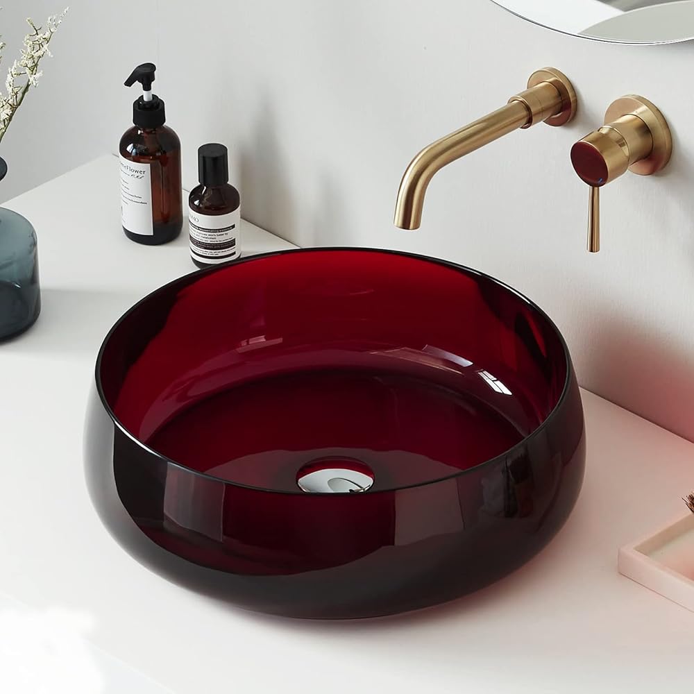 Bathroom Sink Transparent Stone Resin 17.7'' Round Bathroom Vessel Sink, Above Counter Vessel Sink Basin with Pop-up Drain (Burgundy)