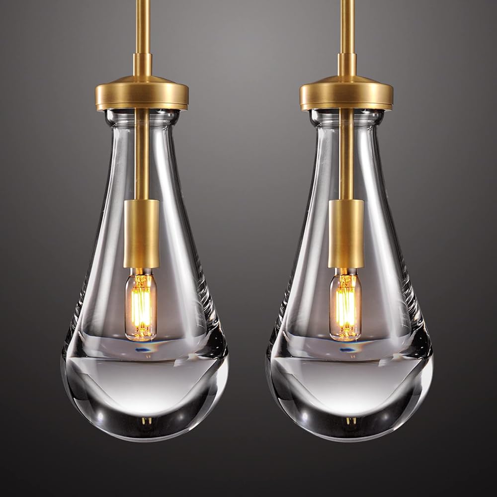 Modern Brass Rod Pendant Light Set of 2, Raindrop Pendant Lights Kitchen Island, Gold Pendant Light, Teardrop Interior pendant light in The Kitchen Island Living Room Bedroom Bathroom, Including Bulb
