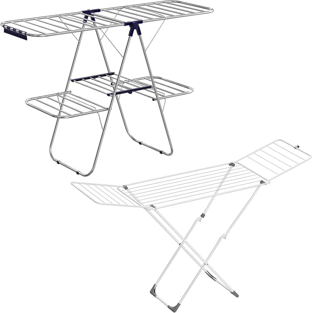 SONGMICS Two-Level Clothes Drying Rack and Metal Clothes Drying Rack Bundle, Foldable Laundry Drying Rack, Laundry Drying Rack with Gullwings, Silver, Blue and White ULLR53BU and ULLR540W01
