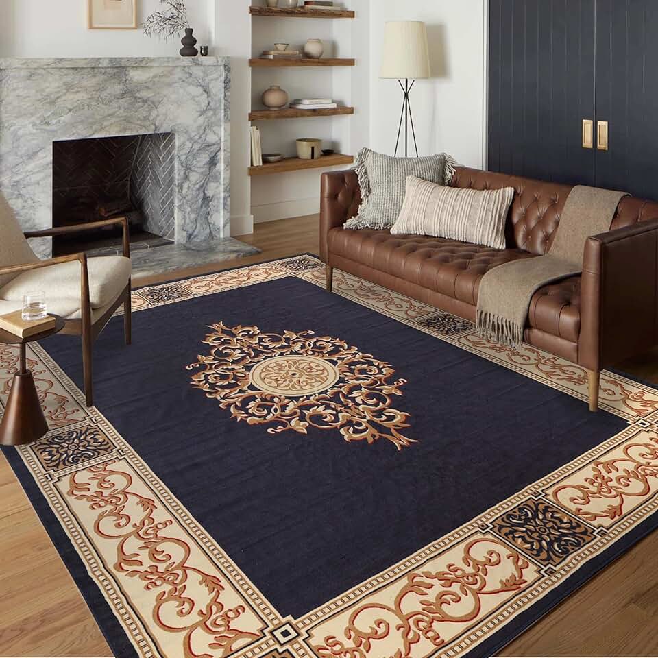 Superior Indoor Area Rug, Plush Carpet Cover, Traditional Oriental Medallion, Perfect for Hallway, Entryay, Living, Dining, Bedroom, Office, Kitchen, Medallion Collection, 10' x 14', Midnight Blue