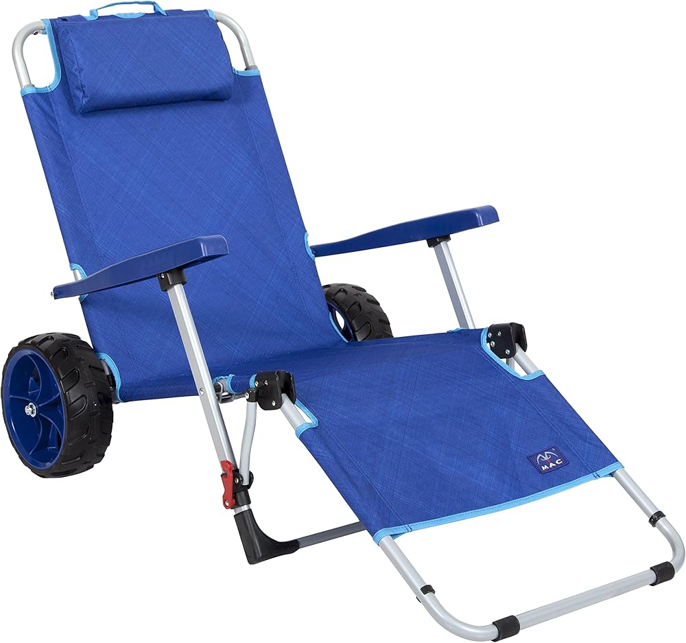 Mac Sports Beach Day Foldable Chaise Lounge Chair with Integrated Wagon Pull Cart Combination and Heavy Wheels - Perfect for Beach, Backyard, Pool or Picnic
