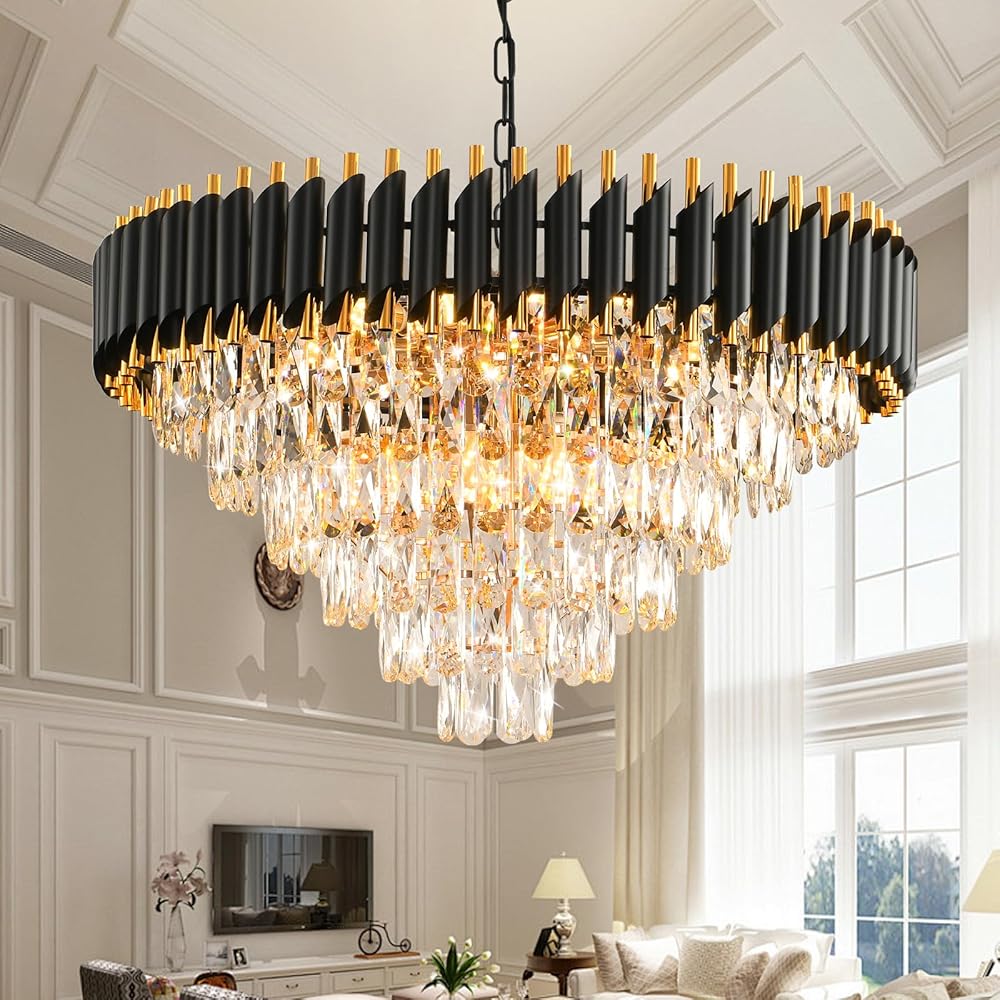 Modern Crystal Chandeliers for Dining Room Living Room 15-Light Black and Gold Chandelier Round 6 Tiers Large Contemporary Pendant Ceiling Hanging Light Fixture for Entryway Foyer Staircase W29”