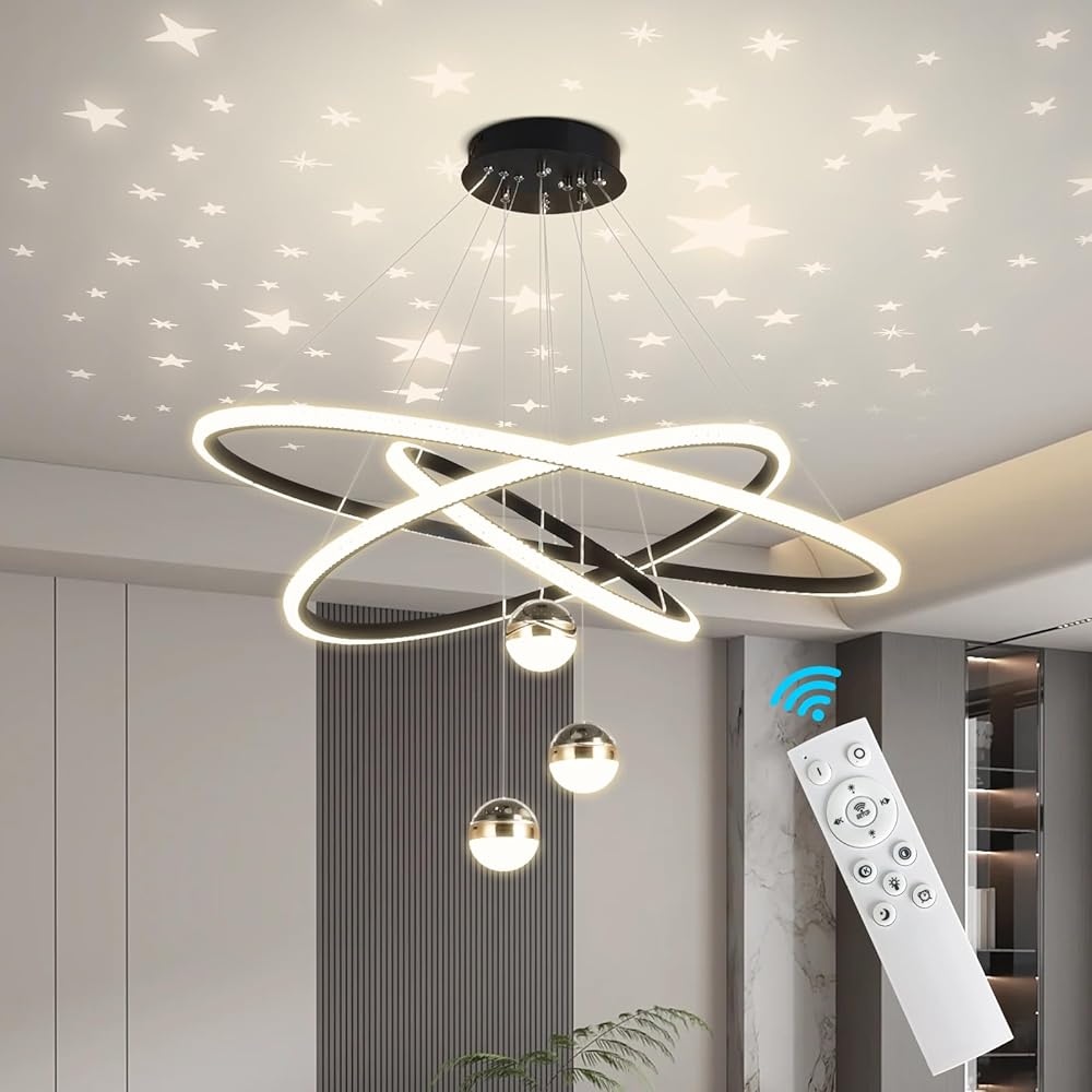Modern LED Chandelier, 3 Rings Chandelier for Living Room with Remote Control , 3-Ball Dimmable chandelier with Mappable Lighting, High Ceiling Hanging Restaurant LED Chandelier for Drawing Room