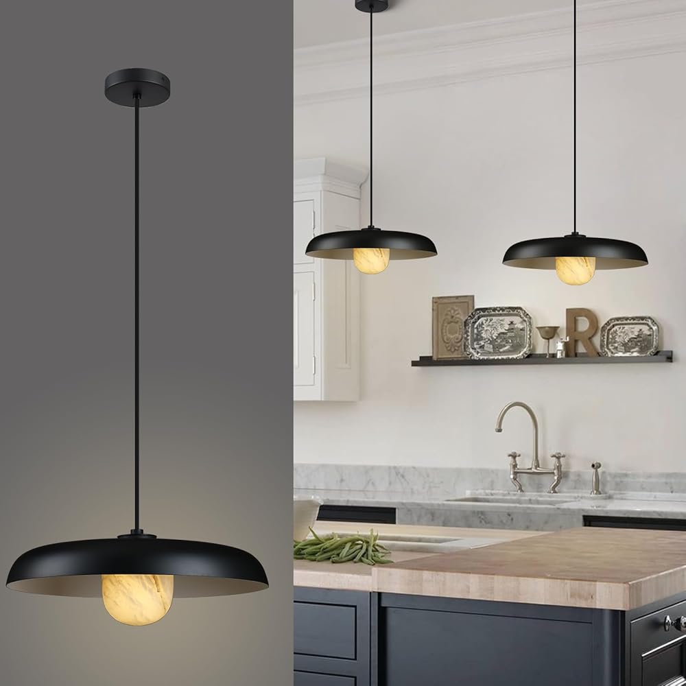 Alabaster Industrial Pendant Light, Black Farmhouse Pendant Lights Kitchen Island, Hanging Modern Lighting Fixture for Kitchen Dining Room Bedroom Hallway Living Room