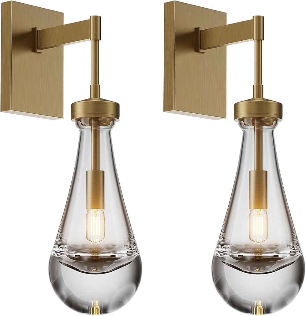 Wall Sconces Set of Two, Brass Raindrop sconces Wall Lighting,Indoor Kitchen Wall Decor Lamps,Wall Lamp with Hand Blown Solid Glass Perfect for Bedroom, Living Room,Vanity(Including Bulb)
