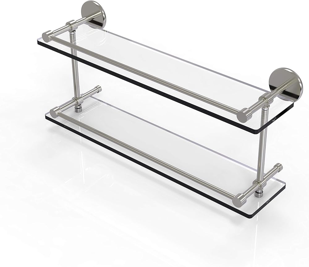 Allied Brass P1000-2/22-GAL-SN P 1000 2 Gal Inch Tempered Double Gallery Rail Glass Shelf, 22 Inch, Satin Nickel