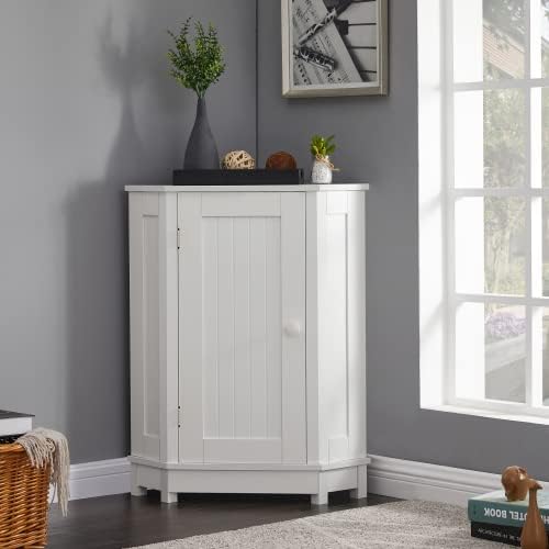 Corner Cabinet with Adjustable Shelf Triangle Storage Cabinet Freestanding Floor Cabinet Space Saving Corner Storage Cabinets for Bathroom Living Room Kitchen White