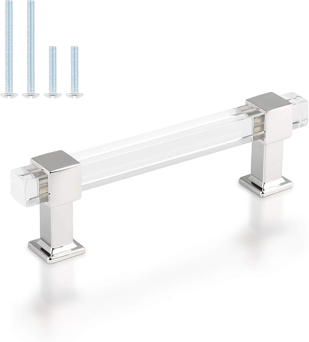 knobelite 30 Pack 4 Inch Hole Center Kitchen Cabinet Handles, Modern Drawer Pulls with Square Acrylic Tube and Zinc Alloy Base, Cabinet Pulls Polished Chrome for Bedroom and Bathroom Cabinets