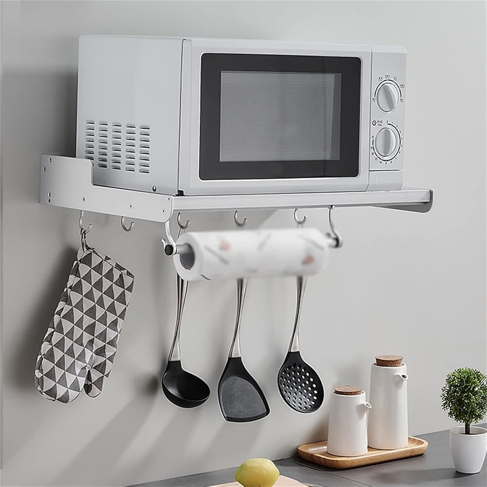 Wall Mount Microwave Oven Rack Shelf Metal Countertop Organizer,Kitchen Storage Extension Shelf Stand with 3 Hooks,Space-Saving Utility Storage Shelf for Spice, Pots and Pans Organizer (A)