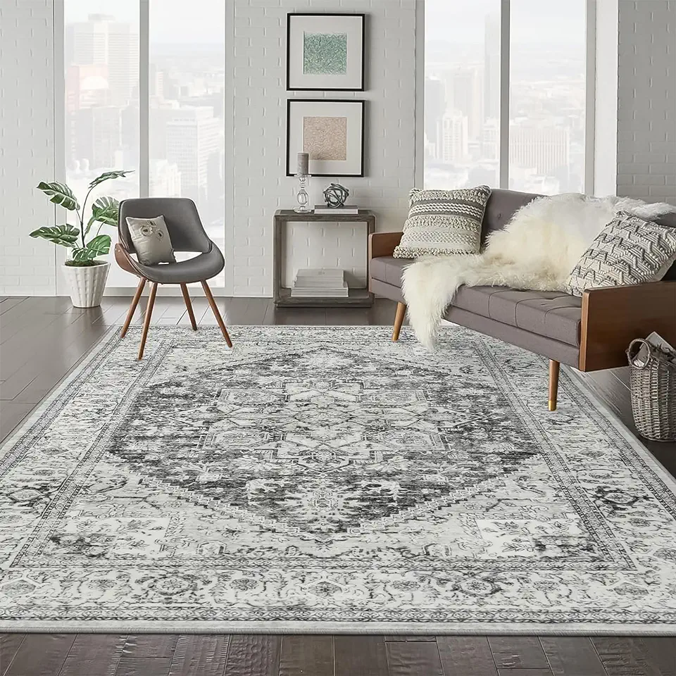 LIVEBOX Gray Area Rug 8x10 - Large Bohemian Living Room Rug Oriental Rug for Bedroom, Non-Slip Retro Medallion Carpet Print Distressed Rug for Dining Room Guest Room Office Grey