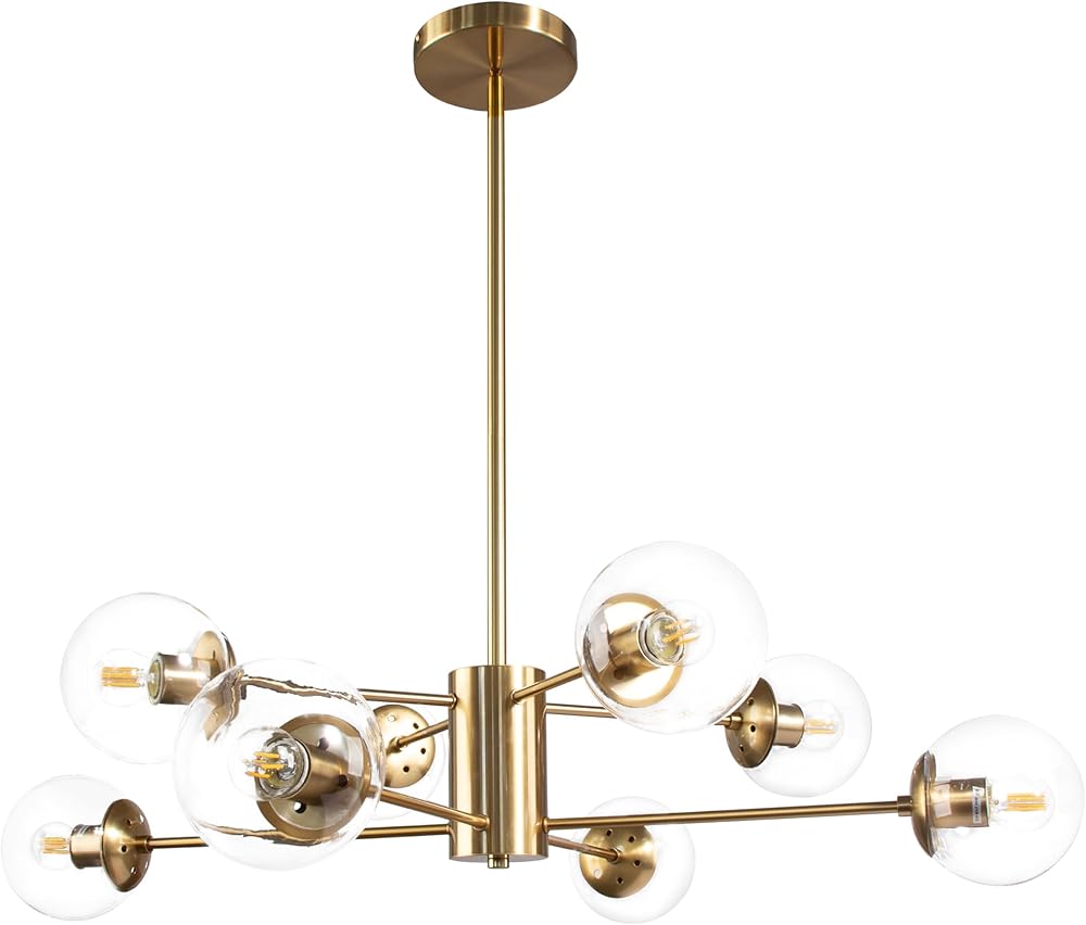8-Light Globe Sputnik Chandelier Modern Gold Sputnik Chandelier Mid Century Globe Pendant Light Brushed Brass Finished with Clear Globe Glass Lampshade Sputnik Chandeliers for Kitchen Bedroom
