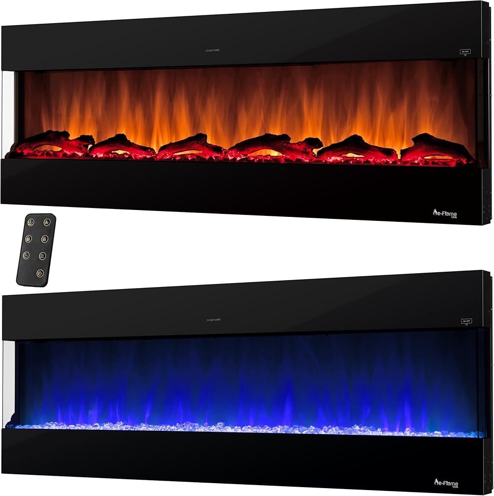 Hampshire 60-inch Wall Mount/Wall Insert LED Electric Fireplace Heater with Timer - Realistic 3-D Logs and Fire Effect