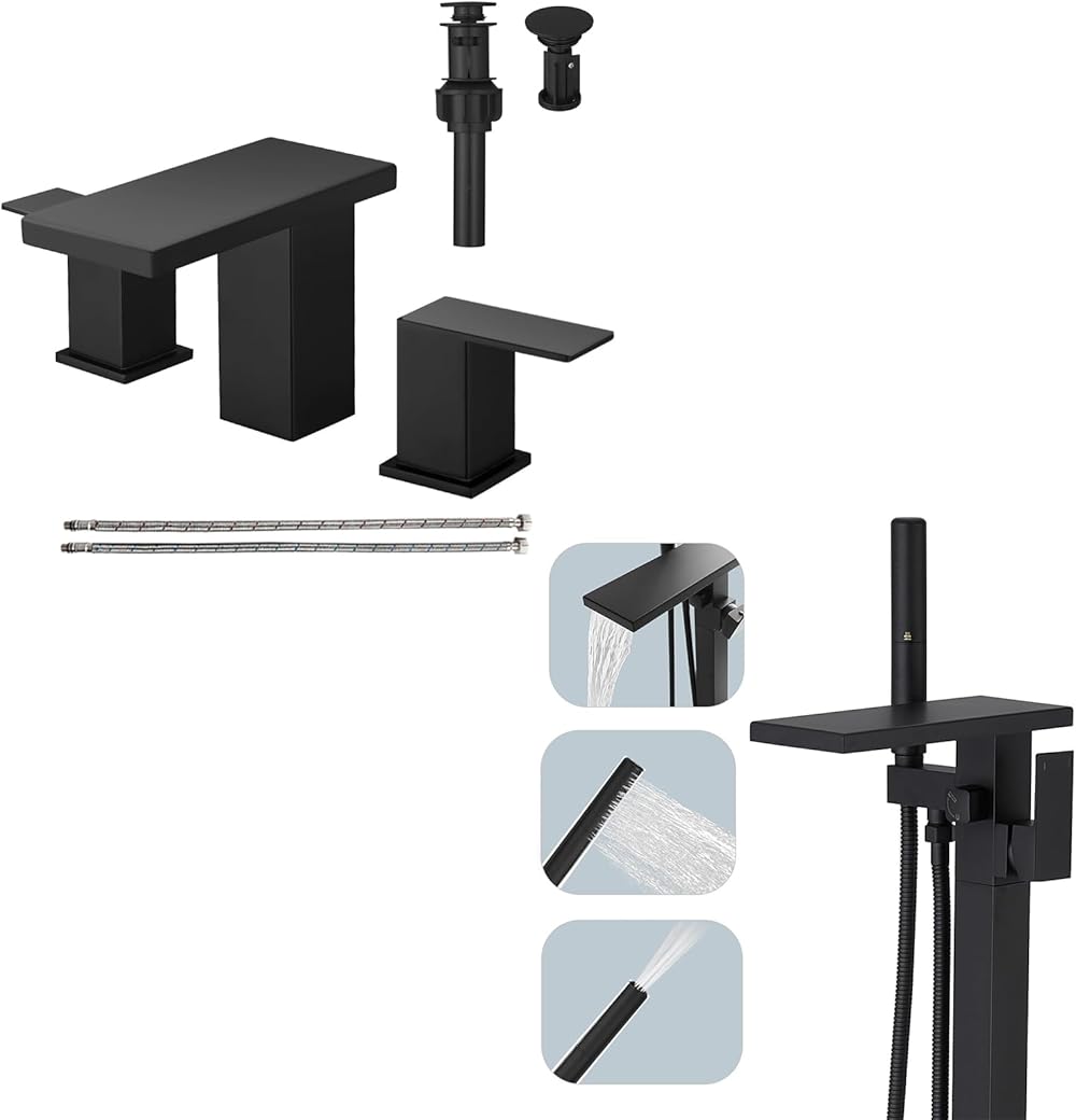 Hoimpro Matte Black 8 Inch Widespread Waterfall Bathroom Sink Faucet with Pop Up Drain, cUPC Supply Hose and Freestanding Bathtub Waterfall Faucet Floor Mount Brass with 2 Function Hand Shower Wand