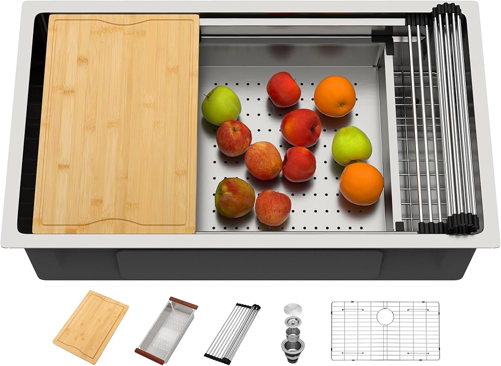 Dcolora 33 Inch Undermount Kitchen Sink Two Tier Ledge Workstation Hand-Welded 16 Gauge 304 Stainless Steel Large Singel Bowl Sinks, 33