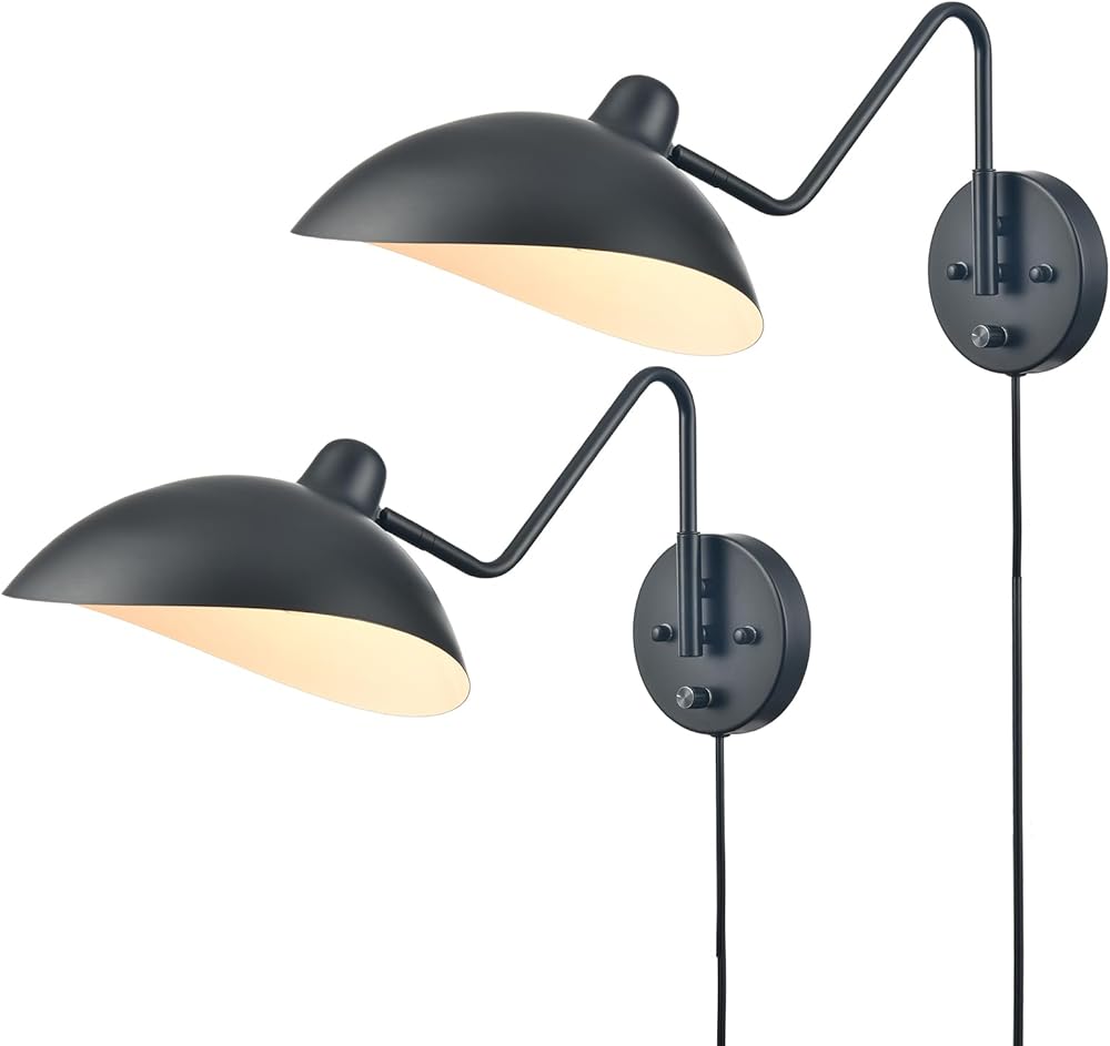 Plug in Wall Light Black Plug in Wall Sconces Set of 2 Swing Arm Wall Lamp Bedsides Hardwired On/Off Switch for Bedroom Living Room